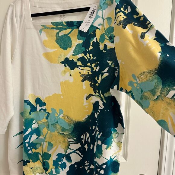 Chico's Square Neck Tee Spring Floral Theme Size 4 3/4 Sleeve Color Teal - Picture 8 of 12